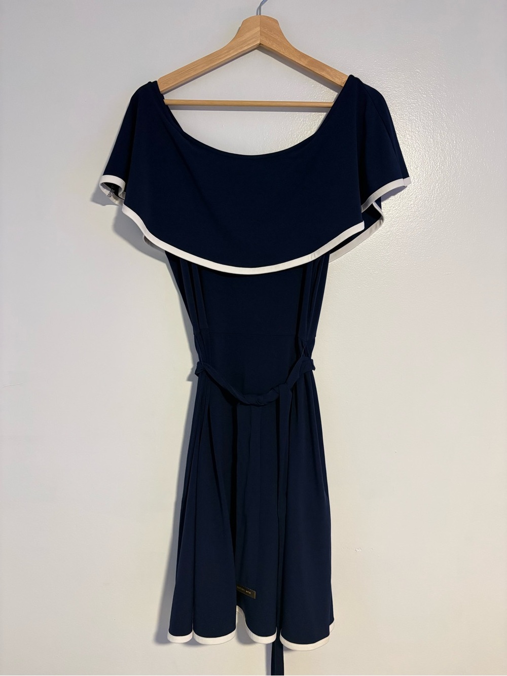 Navy Off-Shoulder Ruffle Dress with White Trim